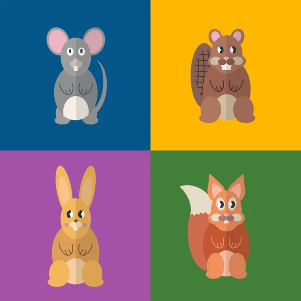Platte ontwerp stijl, Bever, muis, Fox, konijn. Vector illustratie. — Stockvector