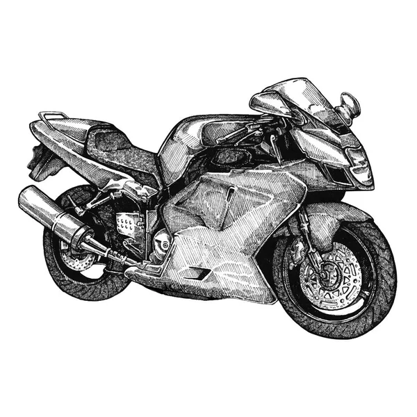 Ilustración vectorial de motocicleta dibujada a mano, bicicleta deportiva. Bicicleta deportiva clásica bosquejada detallada en estilo de tinta para el letrero del club del motociclista, etiqueta del garaje, estilo de tienda personalizado. blanco y negro sobre papel . — Vector de stock