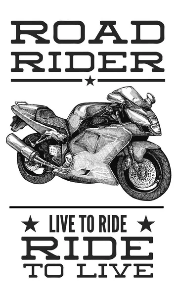 A kézzel húzott motorkerékpár, Sport bike vektoros illusztrációja. Részletes vázlatos klasszikus sport kerékpáros tintával stílusban motoros klub jel, garázs címke, egyéni áruház stílusát. papíron, fekete-fehér. — Stock Vector