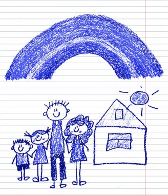 Küçük çocukları olan mutlu bir aile. Anne ve baba ve çocuklar. Ailesi olan erkek ve kız kardeşler. Evim ve gökkuşağım olan ailem. Beyaz arkaplanda izole edilmiş resim çizen çocuklar.