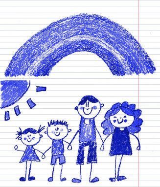 Küçük çocukları olan mutlu bir aile. Anne ve baba ve çocuklar. Ailesi olan erkek ve kız kardeşler. Evim ve gökkuşağım olan ailem. Beyaz arkaplanda izole edilmiş resim çizen çocuklar.