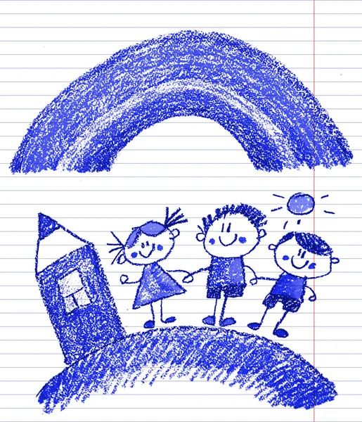 A gyerekek képet rajzolnak. Kisgyerekek, fiúk és lányok. Iskola, óvoda illusztráció. Játssz és nőj. Tanár diákokkal. — Stock Fotó