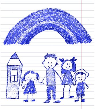 Küçük çocukları olan mutlu bir aile. Anne ve baba ve çocuklar. Ailesi olan erkek ve kız kardeşler. Evim ve gökkuşağım olan ailem. Beyaz arkaplanda izole edilmiş resim çizen çocuklar.