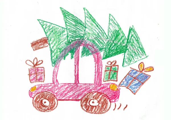 Araba gezisinde mutlu bir aile. Baba, anne, iki kız ve oğlu. Çocuk çizimi. — Stok fotoğraf