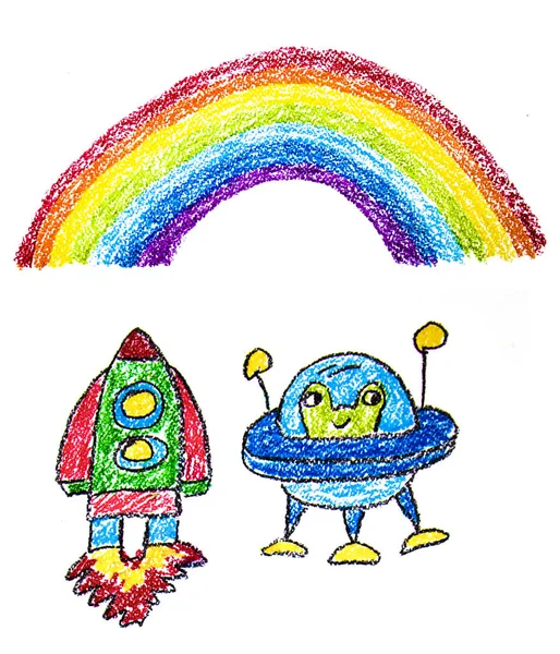 Kids drawing image. Space exploration. School, kindergarten illustration. Play and grow. Crayon image. Ufo, alien, spaceship, rocket.