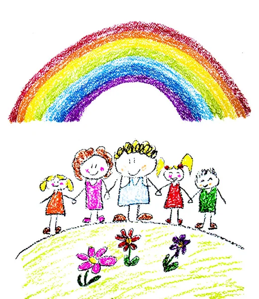 Bambini che disegnano immagine. Figlioli, ragazzi e ragazze. Scuola, scuola materna illustrazione. Gioca e cresci. Insegnante con gli studenti. — Foto Stock