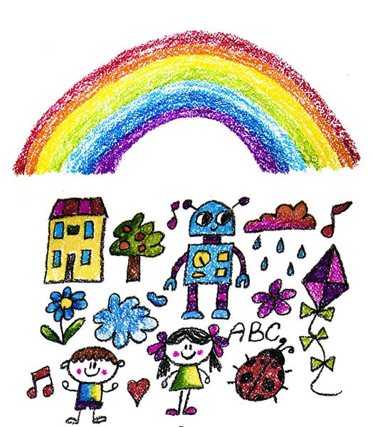 Kinder zeichnen Stilelemente für Kindergarten, Schule. Kleine Kinder und Weltraumforschung, Bildung. Fantasie und Kreativität. — Stockfoto