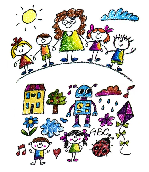Dzieci rysują obraz. Małe dzieci, chłopcy i dziewczęta. Szkoła, ilustracja przedszkola. Grać i rosnąć. Nauczyciel z uczniami. — Zdjęcie stockowe