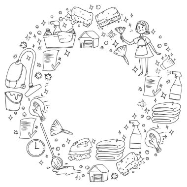 beyaz arka plan üzerinde temizlik hizmetleri şirket vektör monokrom desen, çizim.