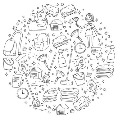 beyaz arka plan üzerinde temizlik hizmetleri şirket vektör monokrom desen, çizim.