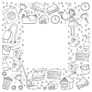 beyaz arka plan üzerinde temizlik hizmetleri şirket vektör monokrom desen, çizim.