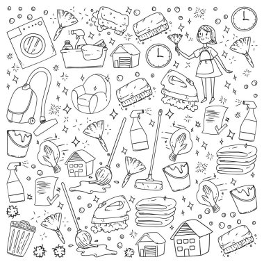 beyaz arka plan üzerinde temizlik hizmetleri şirket vektör monokrom desen, çizim.