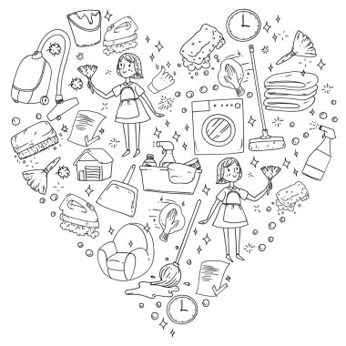 beyaz arka plan üzerinde temizlik hizmetleri şirket vektör monokrom desen, çizim.