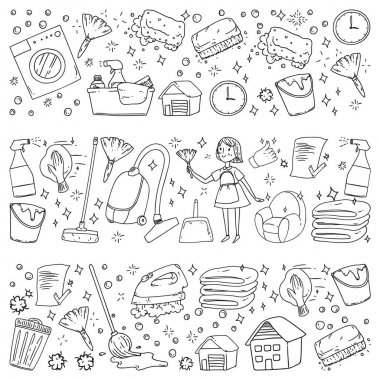 beyaz arka plan üzerinde temizlik hizmetleri şirket vektör monokrom desen, çizim.