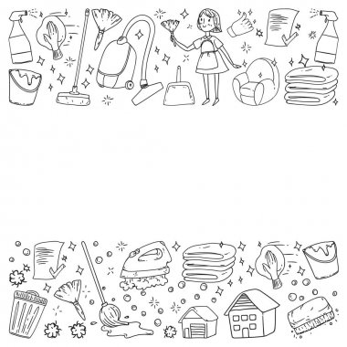 beyaz arka plan üzerinde temizlik hizmetleri şirket vektör monokrom desen, çizim.