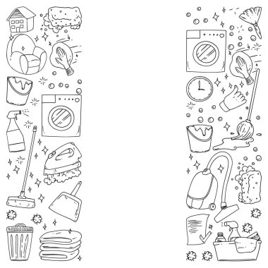 beyaz arka plan üzerinde temizlik hizmetleri şirket vektör monokrom desen, çizim.