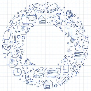 temizlik hizmetleri şirket vektör monokrom desen mavi arka plan, çizim kalem.