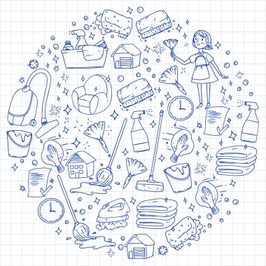 temizlik hizmetleri şirket vektör monokrom desen mavi arka plan, çizim kalem.