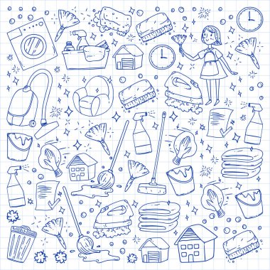 temizlik hizmetleri şirket vektör monokrom desen mavi arka plan, çizim kalem.