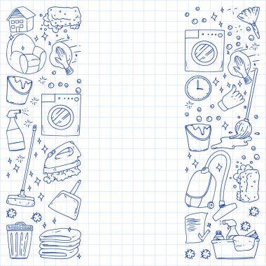 temizlik hizmetleri şirket vektör monokrom desen mavi arka plan, çizim kalem.