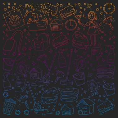 siyah arka plan üzerinde temizlik hizmetleri şirket vektör monokrom desen, çizim gradyan.