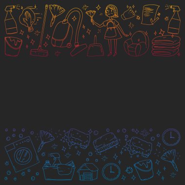 siyah arka plan üzerinde temizlik hizmetleri şirket vektör monokrom desen, çizim gradyan.