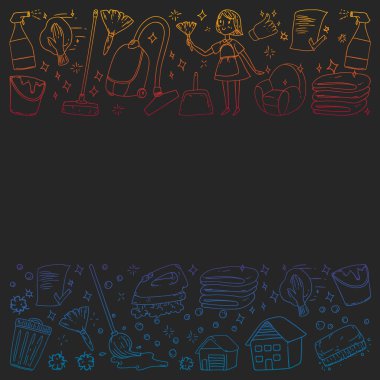 siyah arka plan üzerinde temizlik hizmetleri şirket vektör monokrom desen, çizim gradyan.