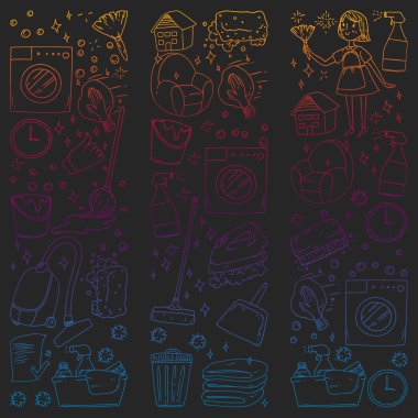 siyah arka plan üzerinde temizlik hizmetleri şirket vektör monokrom desen, çizim gradyan.