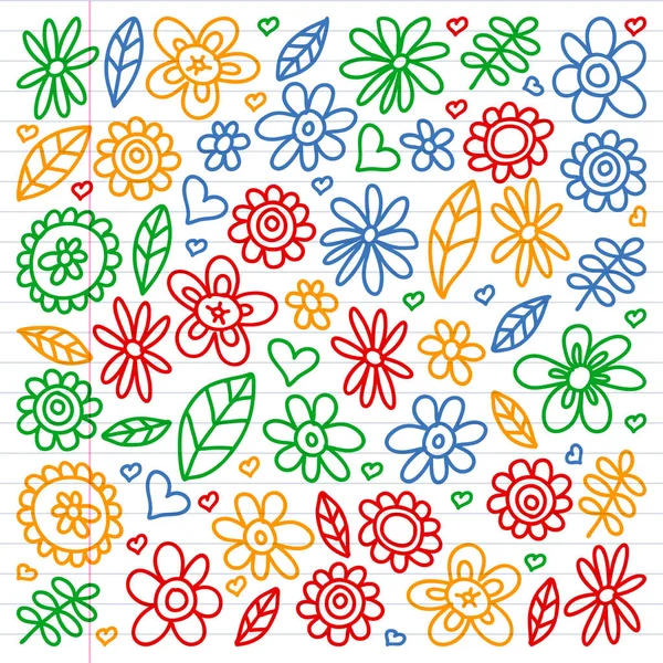 Vector set van kind tekenen van bloemen pictogrammen in doodle stijl. Geschilderde, kleurrijke, Foto's op een stuk van lineaire papier op witte achtergrond. — Stockvector