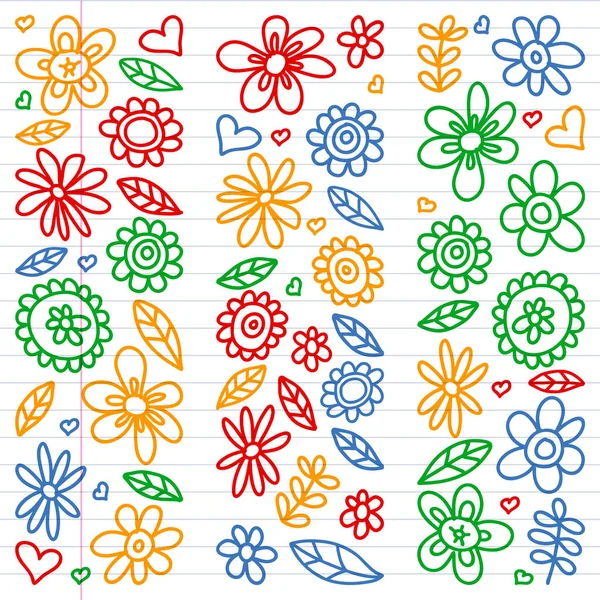 Vector set van kind tekenen van bloemen pictogrammen in doodle stijl. Geschilderde, kleurrijke, Foto's op een stuk van lineaire papier op witte achtergrond. — Stockvector