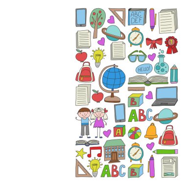 Geri okul simgeleri doodle tarzı vektör kümesi. Kağıda beyaz zemin üzerine boyalı, renkli, Resimler.