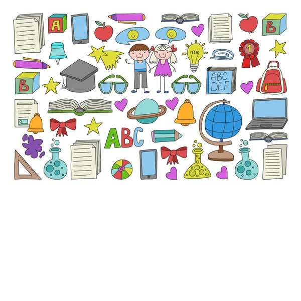 Set vettoriale di icone di Back to School in stile doodle. Dipinto, colorato, immagini su un pezzo di carta su sfondo bianco . — Vettoriale Stock