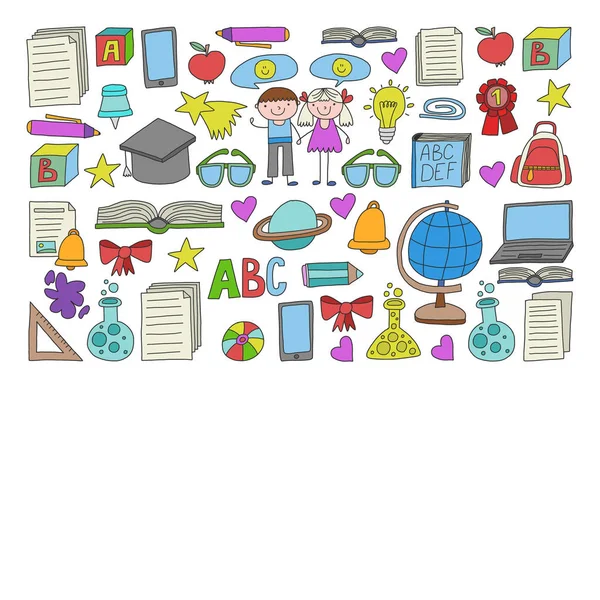 Vector set of Back to School icons in doodle style. Painted, colorful, pictures on a piece of paper on white background. — Stock Vector