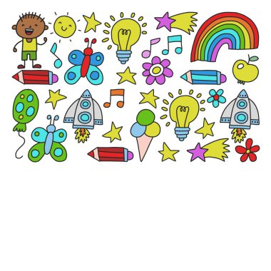 Çocuk Bahçesi, kuvvetler, çizilmiş çocuk bahçe elemanları desen el, illüstrasyon, vektör, illüstrasyon, dikey doodle.