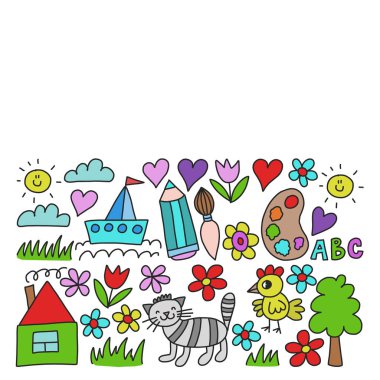 Anaokulu desen, çizilmiş çocuklar bahçe elemanları desen, çizim doodle, illüstrasyon, renkli vektör.