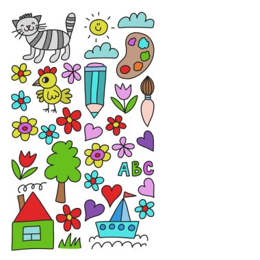 Anaokulu desen, çizilmiş çocuklar bahçe elemanları desen, çizim doodle, illüstrasyon, renkli vektör.