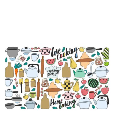 Vektör çocuk mutfak ve pişirme çizimler simgeler doodle tarzı kümesi. Kağıda beyaz zemin üzerine boyalı, renkli, Resimler.