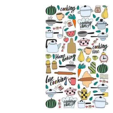 Vektör çocuk mutfak ve pişirme çizimler simgeler doodle tarzı kümesi. Kağıda beyaz zemin üzerine boyalı, renkli, Resimler.