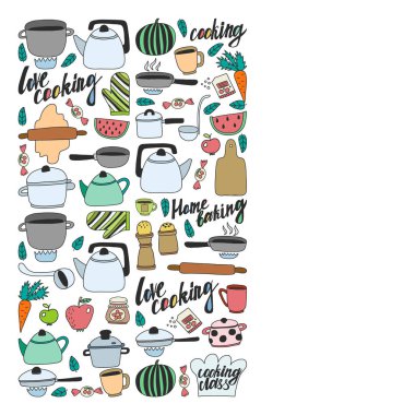 Vektör çocuk mutfak ve pişirme çizimler simgeler doodle tarzı kümesi. Kağıda beyaz zemin üzerine boyalı, renkli, Resimler.