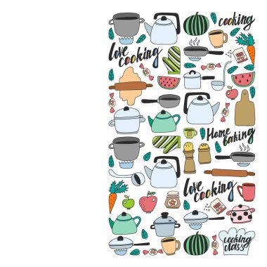 Vektör çocuk mutfak ve pişirme çizimler simgeler doodle tarzı kümesi. Kağıda beyaz zemin üzerine boyalı, renkli, Resimler.