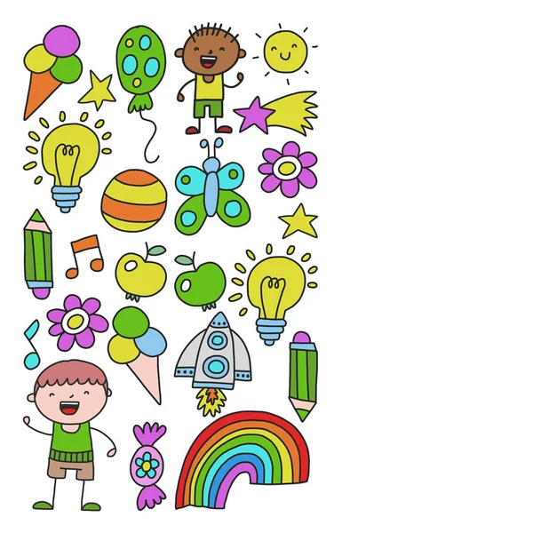 Jardín de los niños, Patern, dibujado a mano patrón de los elementos del jardín de los niños, doodle ilustración, vector, ilustración, vertical . — Vector de stock