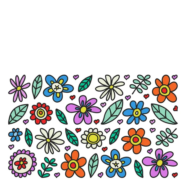 Conjunto vectorial de iconos de flores de dibujo infantil en estilo garabato. Pintado, colorido, imágenes en un pedazo de papel sobre fondo blanco . — Archivo Imágenes Vectoriales