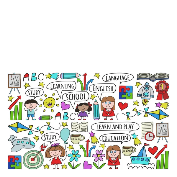 Conjunto vetorial de aprendizagem da língua inglesa, ícones de desenho infantil em estilo doodle. Pintado, colorido, imagens em um pedaço de papel sobre fundo branco . —  Vetores de Stock