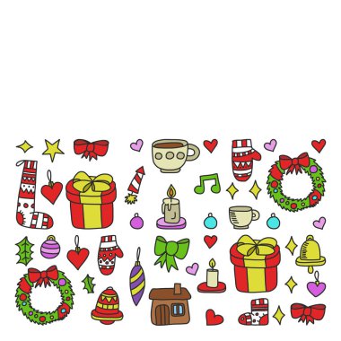 Vektör seti Noel, tatil kış günleri 2019, 2020, vektör illüstrasyon. Yeni yıl deseni, doodle tarzında bir öğretmen simgeleri ile çocuk çizimleri. Boyalı, renkli, pa bir parça üzerinde resimler