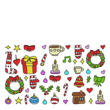Vektör seti Noel, tatil kış günleri 2019, 2020, vektör illüstrasyon. Yeni yıl deseni, doodle tarzında bir öğretmen simgeleri ile çocuk çizimleri. Boyalı, renkli, pa bir parça üzerinde resimler