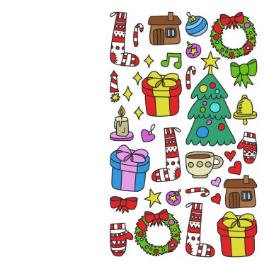 Vektör seti Noel, tatil kış günleri 2019, 2020, vektör illüstrasyon. Yeni yıl deseni, doodle tarzında bir öğretmen simgeleri ile çocuk çizimleri. Boyalı, renkli, pa bir parça üzerinde resimler