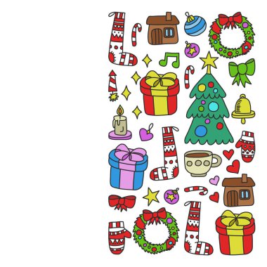 Vektör seti Noel, tatil kış günleri 2019, 2020, vektör illüstrasyon. Yeni yıl deseni, doodle tarzında bir öğretmen simgeleri ile çocuk çizimleri. Boyalı, renkli, pa bir parça üzerinde resimler
