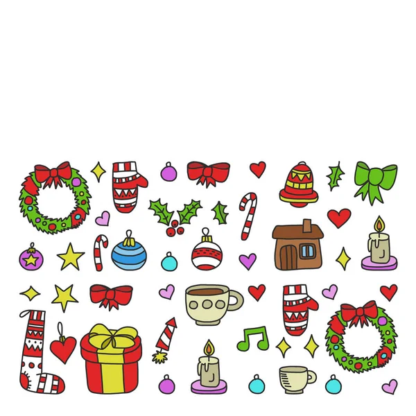 Vector set of Christmas, holiday winter days 2019, 2020, vector illustration. New Year's pattern, children's drawings with a teacher icons in doodle style. Painted, colorful, pictures on a piece of pa — Stock Vector