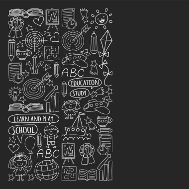 Vektör seti İngilizce dil öğrenme, doodle tarzında çocuk çizim simgeleri. Boyalı, siyah monokrom, kara tahta üzerinde tebeşir resimleri.