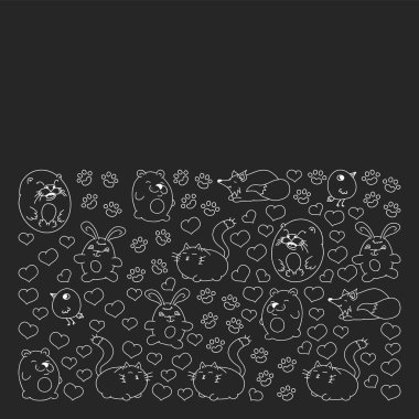 Çocuklar ve tasarım, baskı, kedi, ayı, tilki, kuş, tavşan veya tavşan için vahşi hayvanlar şeklinde güzel yuvarlak simgeleri Vektör seti. Siyah arka plan üzerinde resim yazısı ile yuvarlak hayvanlar